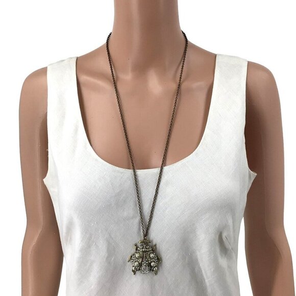 Beetle Pendant Necklace Antique Gold Tone Faux Pearl Detail Rhinestone Inlay - Picture 2 of 3